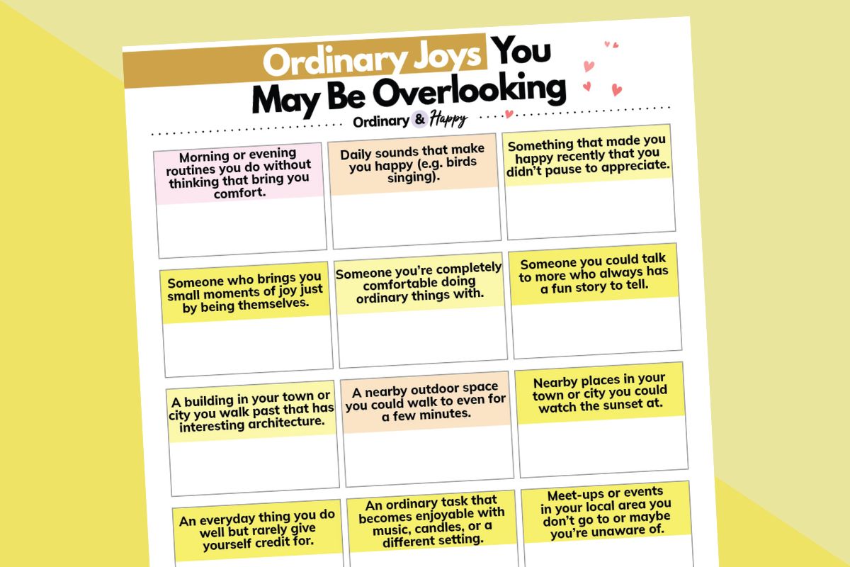planner with 15 prompts asking questions about ordinary joys you may be overlooking displayed on a simple 2-color yellow and light yellow background