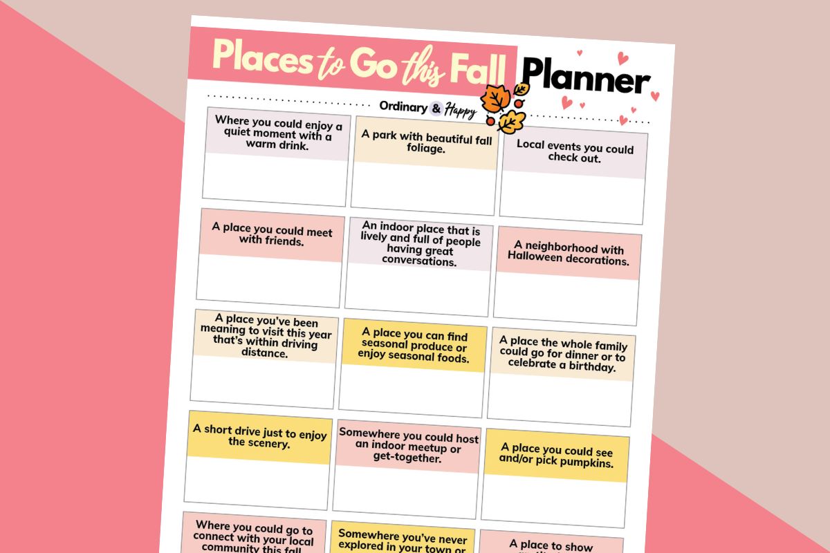 worksheet of prompts for writing about places to visit in the fall laid out on a 2-color pink background