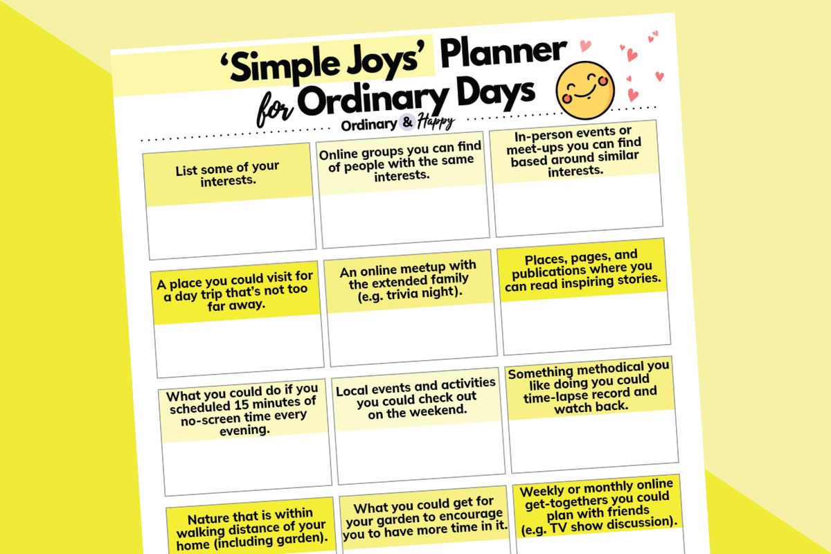 simple joys planner for ordinary days displayed on a yellow and gold 2-color background