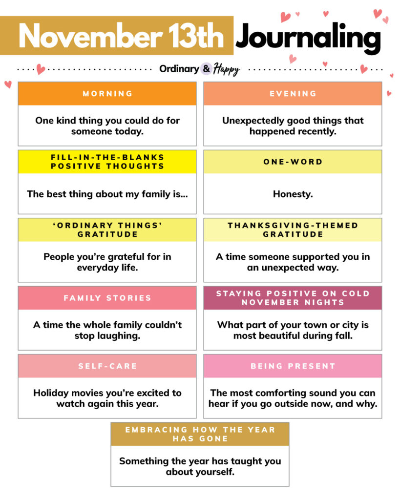 11 different journaling prompts for the day of november 13th displayed in color-coded boxes with different themes