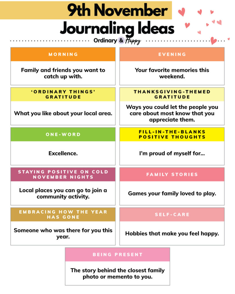 selection of 11 journaling prompts for the 9th november in color-coded rectangular sections
