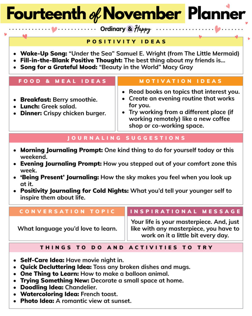 november 14th planner containing 7 color-coded sections with suggestions for things to do that day for meals, motivation, journaling, inspiration, and activities