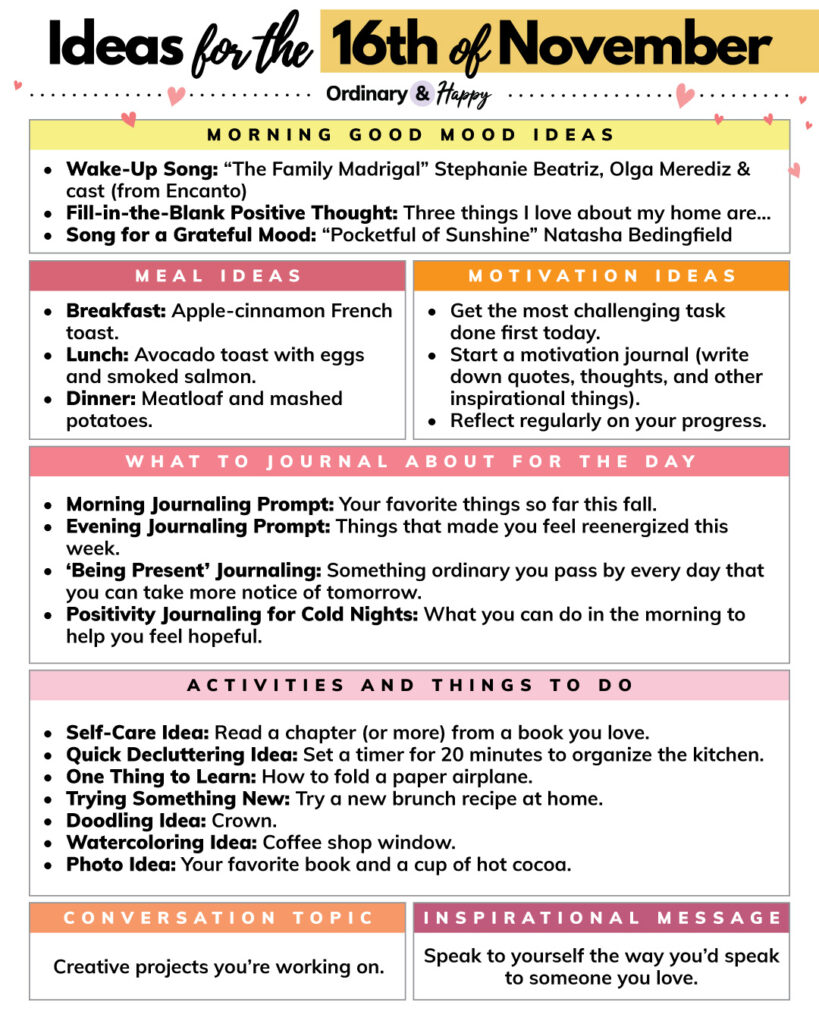 16th november full-day planner printable with specific ideas for different areas of life