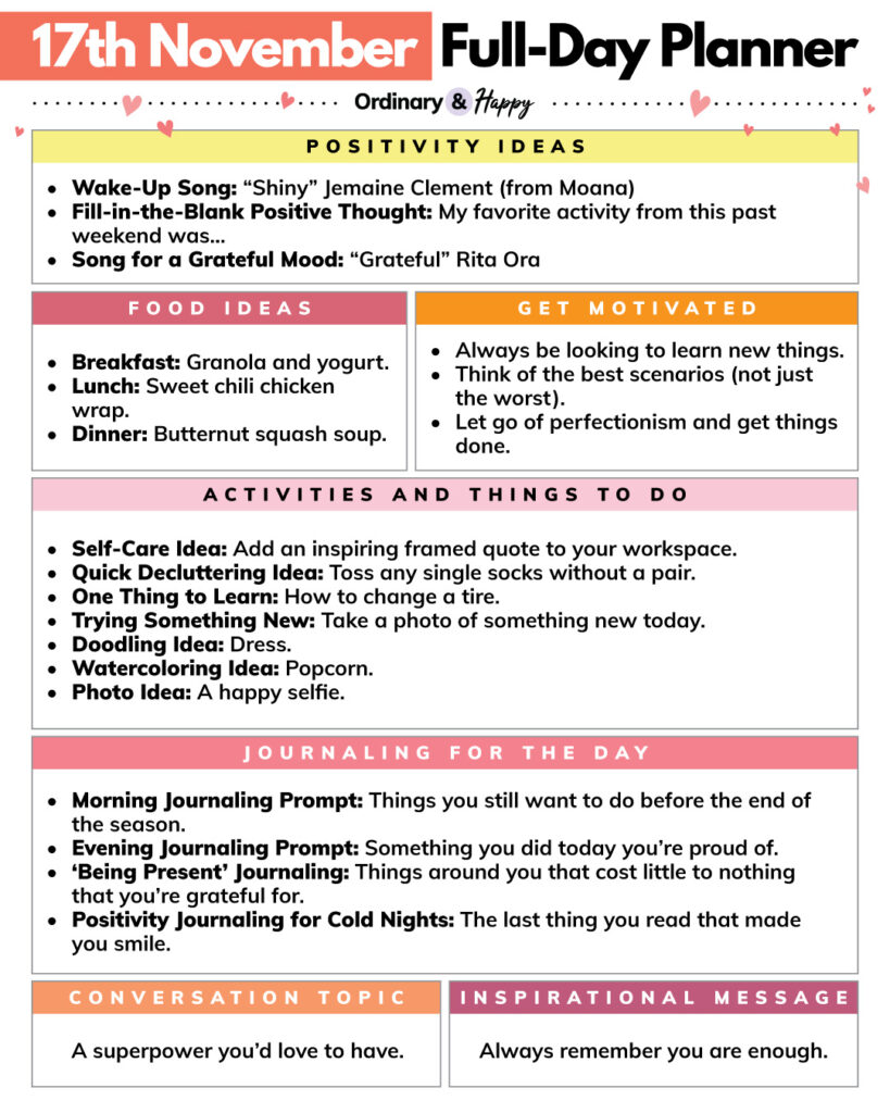 full-day november 17th printable planner with 7 color-coded sections for inspiration, motivation, food, activities, journaling, and conversation ideas