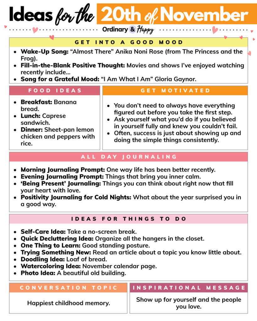 daily planner for the 20th of november containing ideas in 7 different color-coded sections