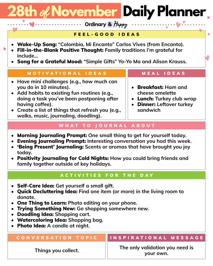 28th november daily planner printable with black text on a white background with idea lists in 7 sections