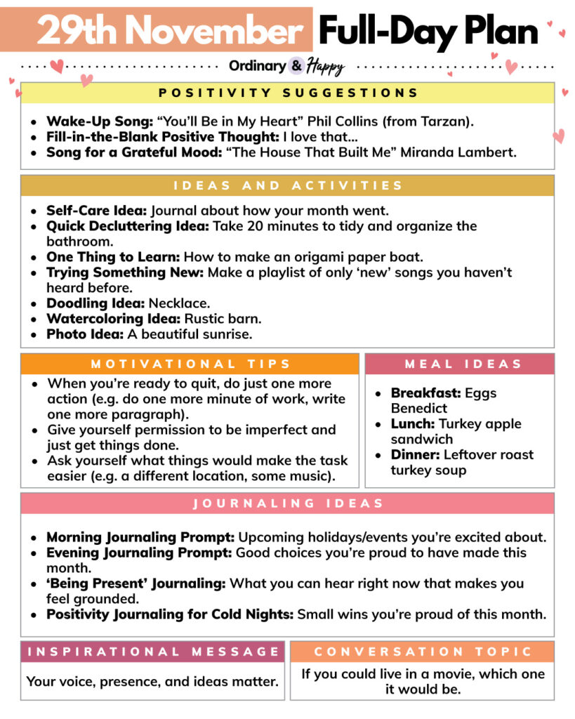 7-section daily planner printable for the 29th november with ideas for motivation, food, things to do, feeling good, conversation, and journaling