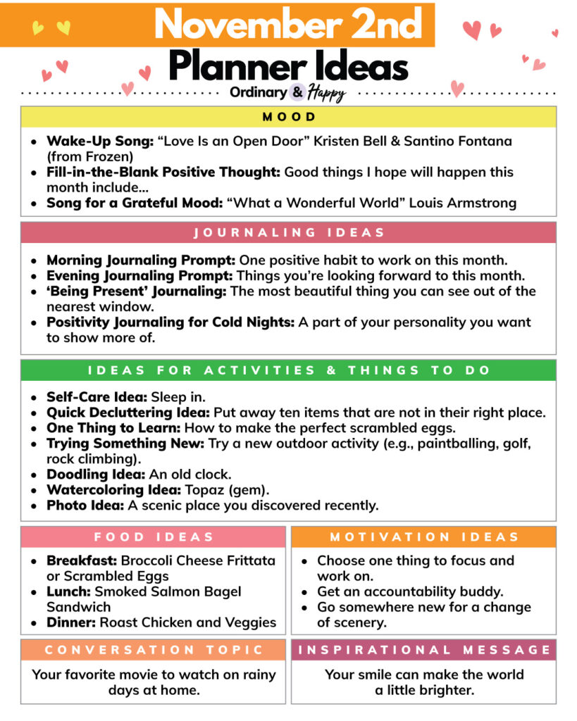 november 2nd planner ideas with a series of different color-coded section with different ideas and inspiration for the month