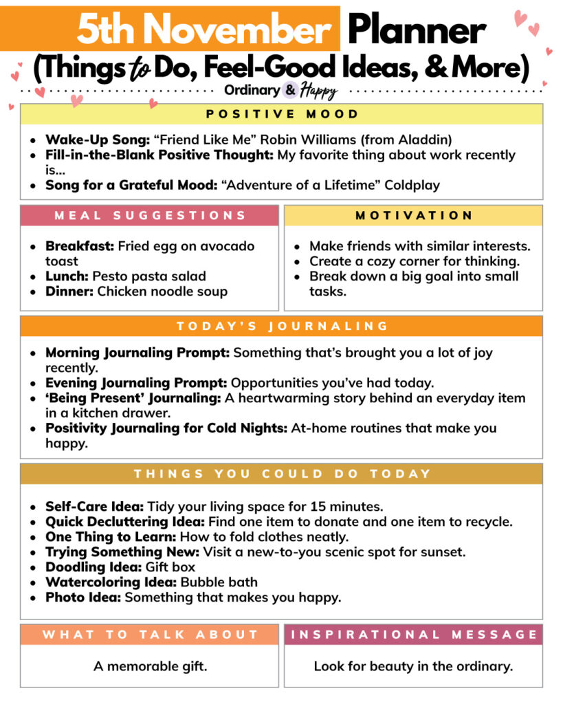 november 5th daily planner with a variety of color-coded rectangular sections with different ideas for things to do and foods to make for the day