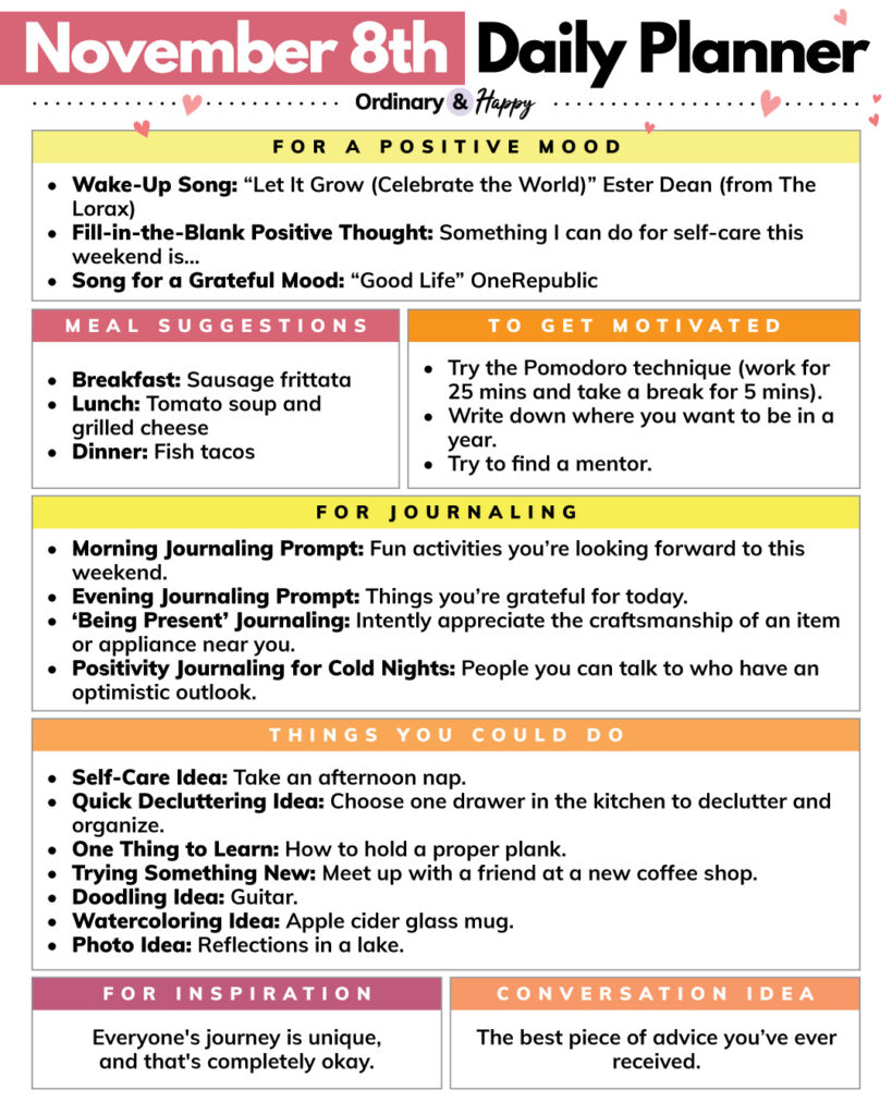 november 8th planner planner consisting of 7 color-coded sections with prompts for daily tasks and ideas with black text on a white background