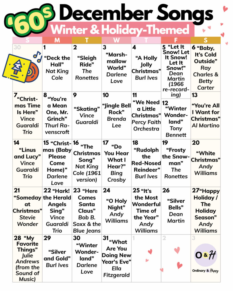 december 60s songs calendar (songs below)