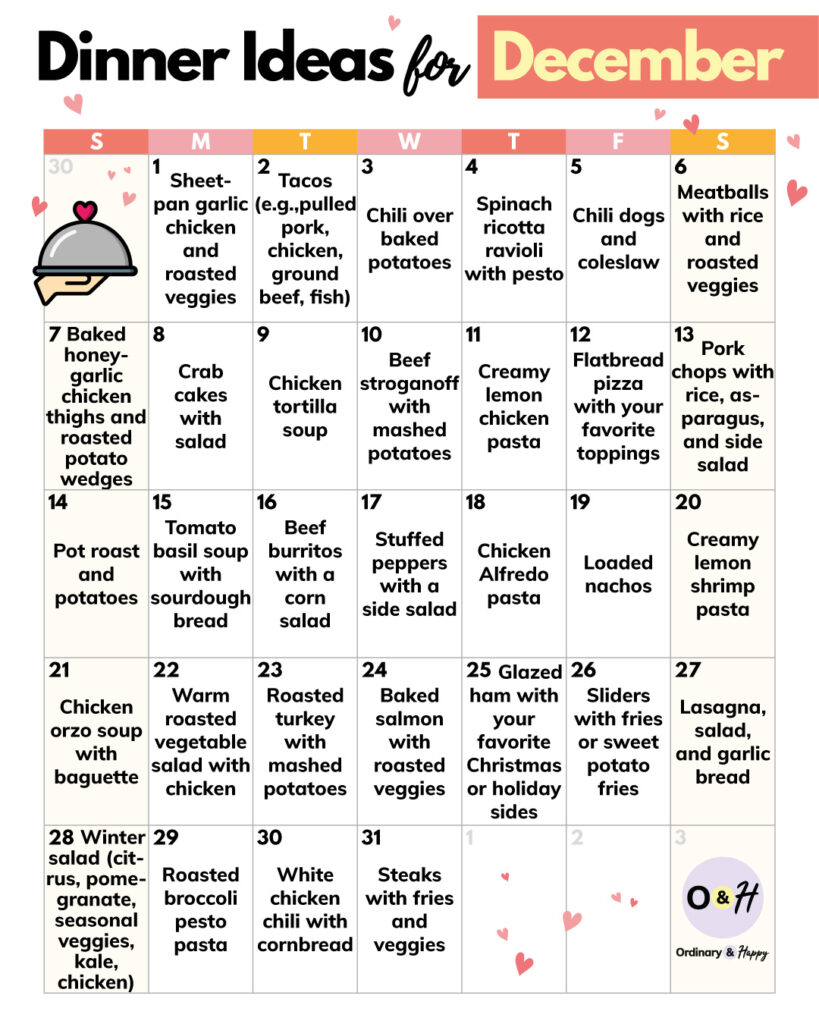 31-day calendar of dinner ideas for december in a grid format