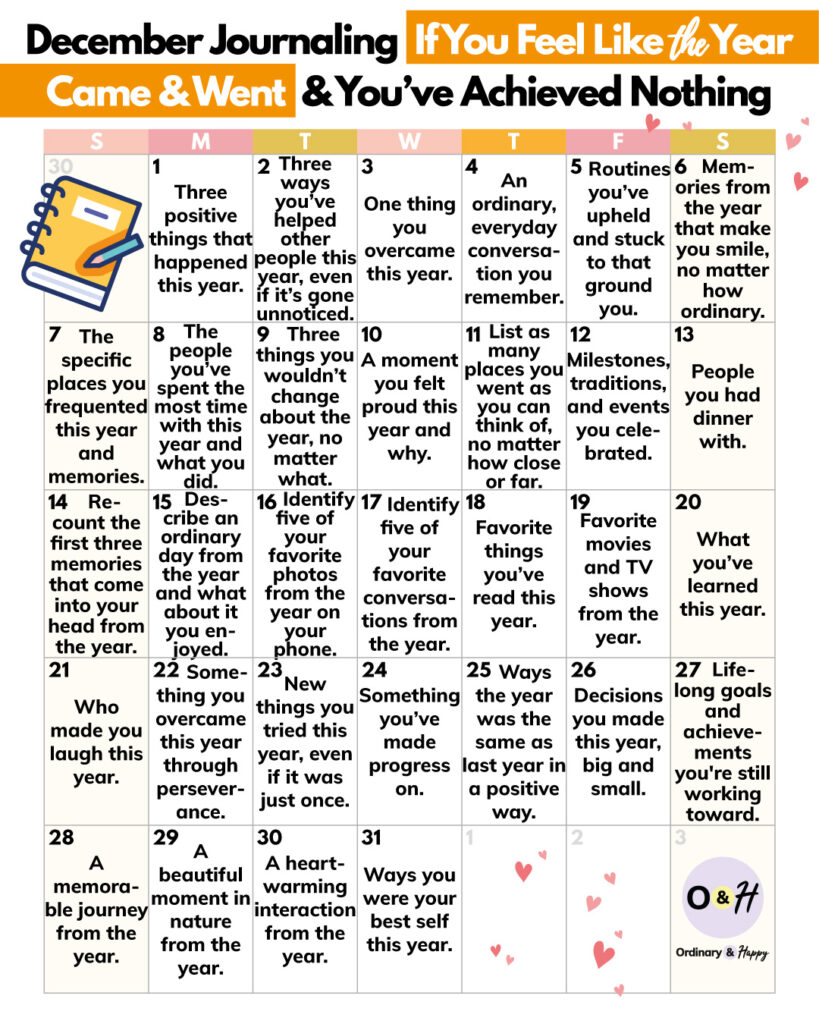31-day december calendar with 31 prompts relating to if you feel like the year came and went and you achieved nothing