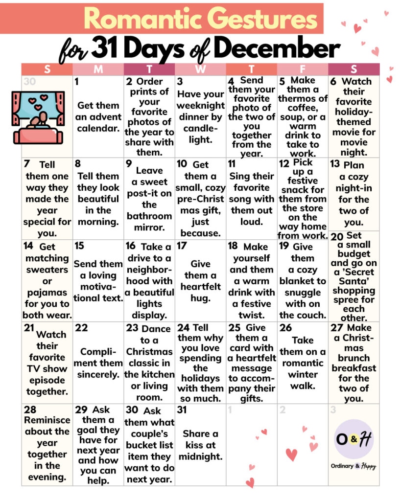 31-day december calendar of romantic ideas in a 7x6 color-coded grid
