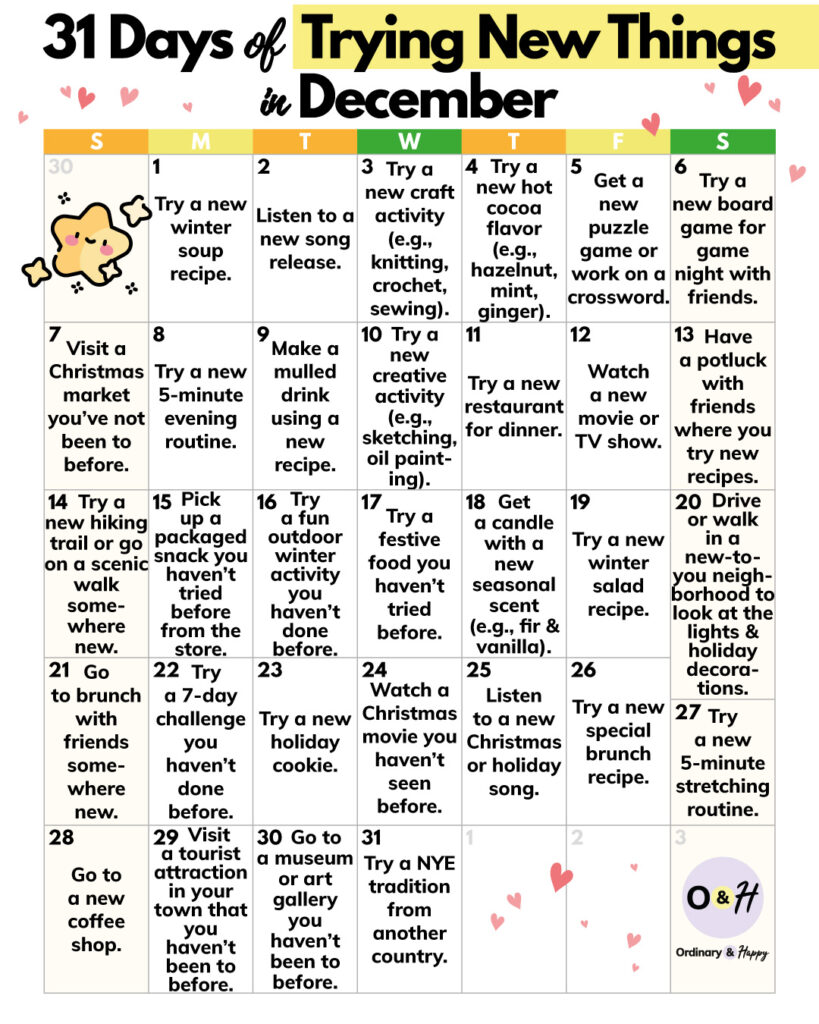 31-day december calendar in a 7x6 grid format displaying 31 ideas for trying new things for the whole month
