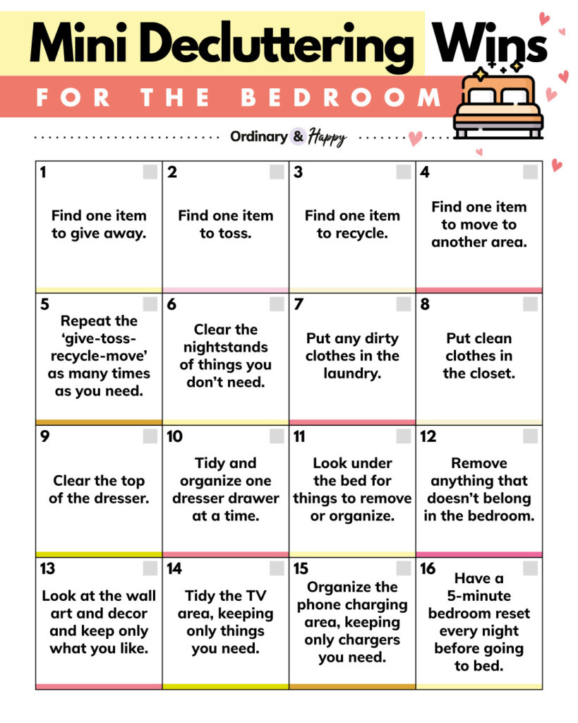 Mini decluttering wins (bedroom) - 4x4 grid with ideas listed below.