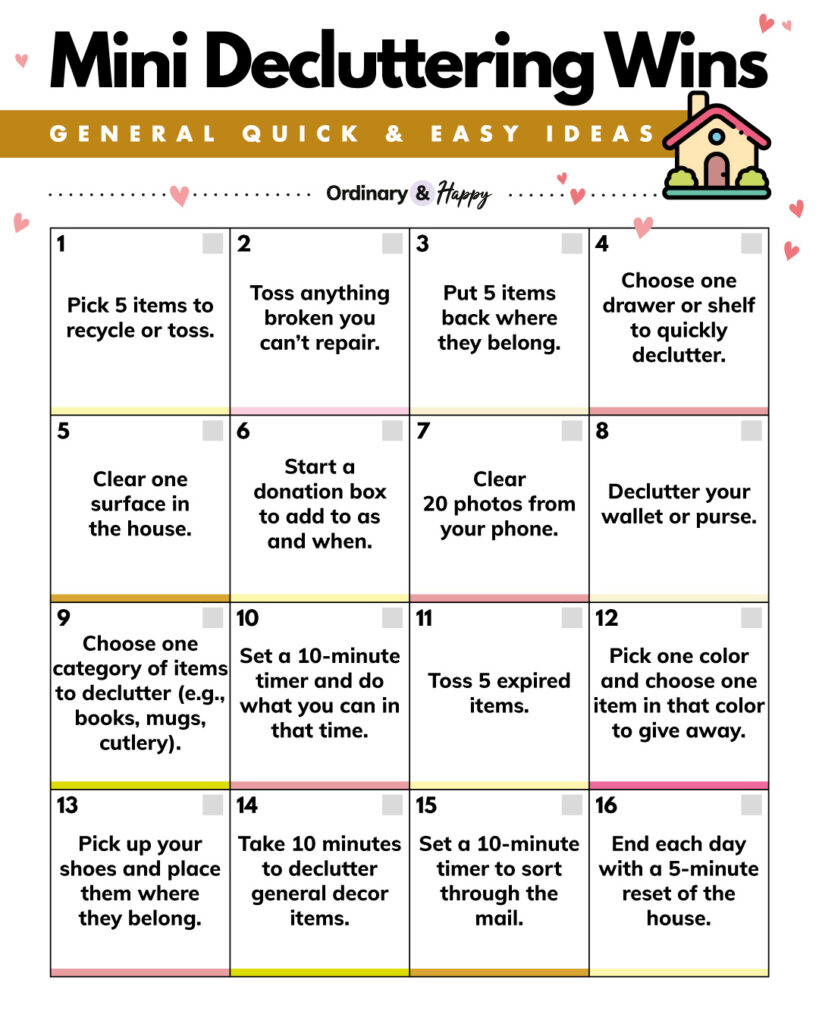 Mini decluttering wins (4x4 grid), ideas listed below.