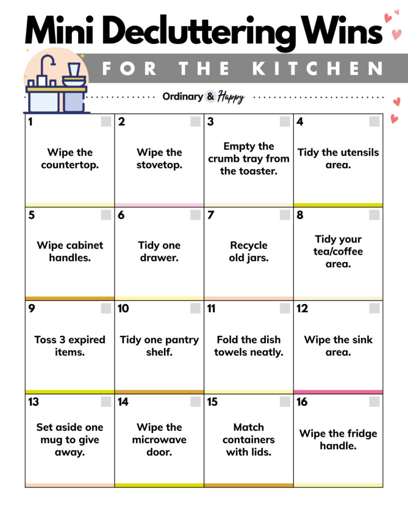 grid of mini decluttering wins for the kitchen printable consisting of a 4x4 grid with 16 decluttering tasks with a check box next to each one