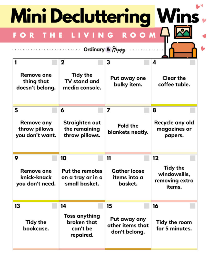 Mini decluttering wins for the living room (listed below).