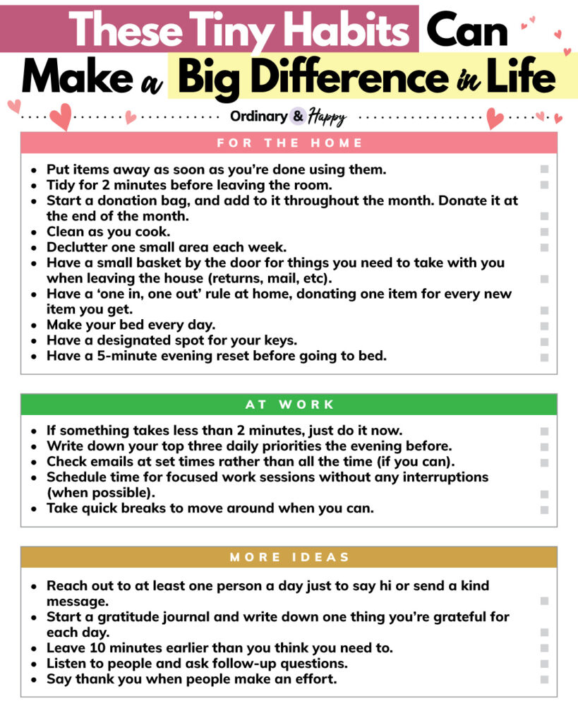 simple black text on white background list displying 25 tiny habits that can make a big difference split into home, work, and more ideas sections