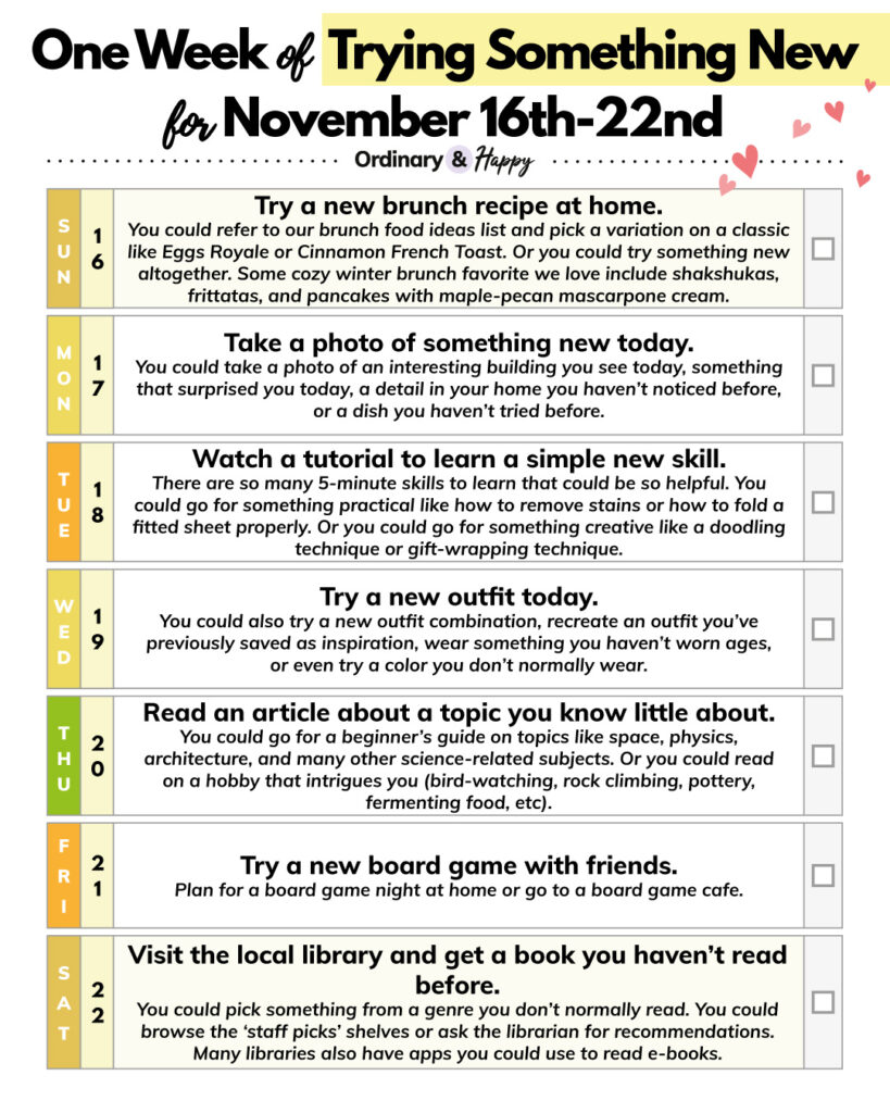 week of November 16-22 trying new things ideas (listed below).