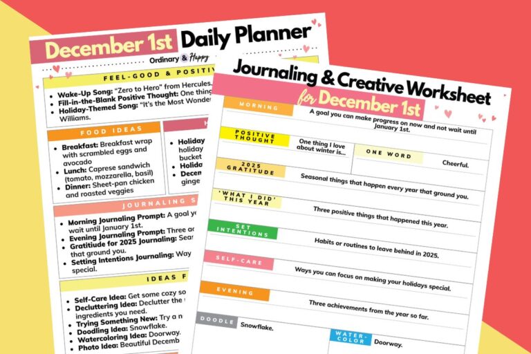 december 1st daily planner and journaling worksheet displayed overlapping on a pale yellow and red 2-color block backdrop