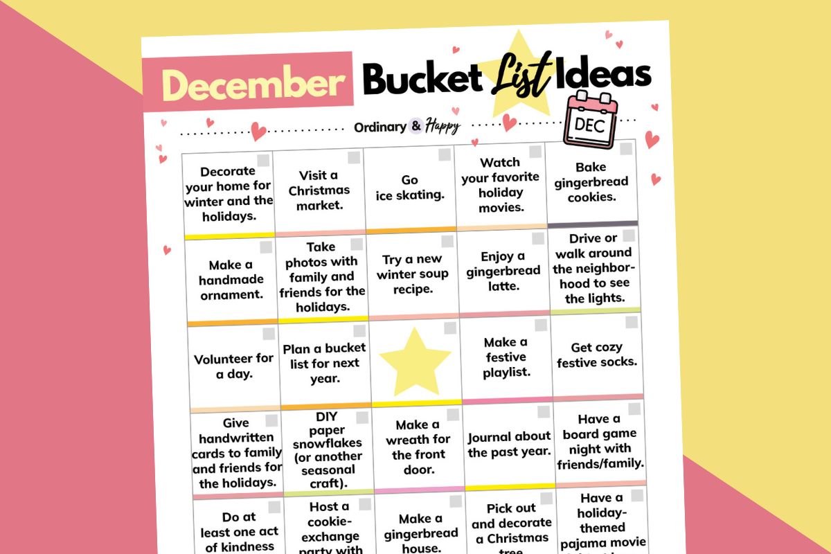 december bucket list printable laid out on an orange and pink 2-color background
