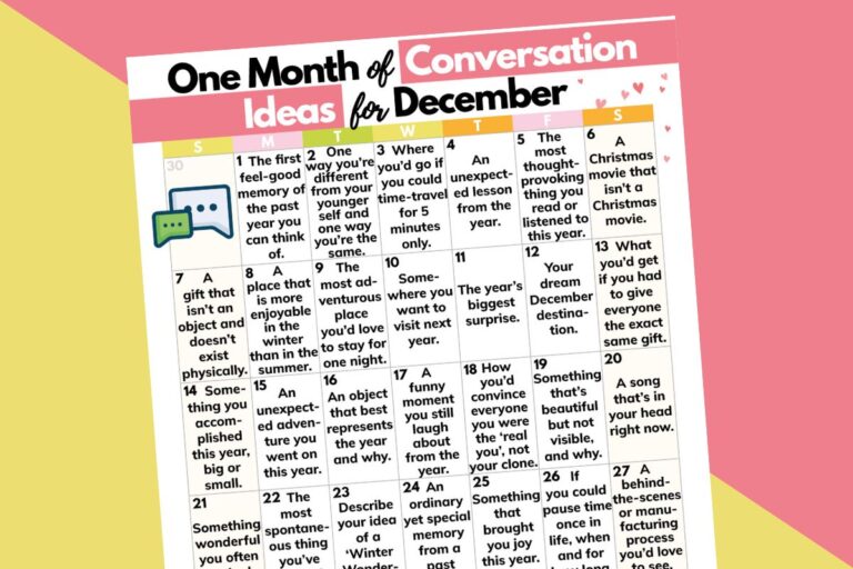 december conversation ideas printable on a yellow and pink background