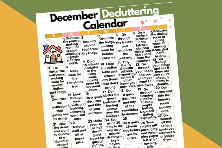 december decluttering calendar printable tilted to the left on an orange and green backdrop