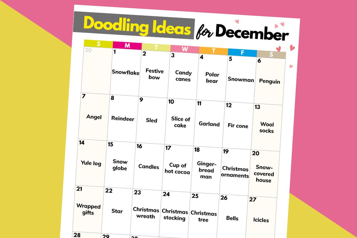 december doodling ideas calendar on a diagonal 2-color pink and orange background