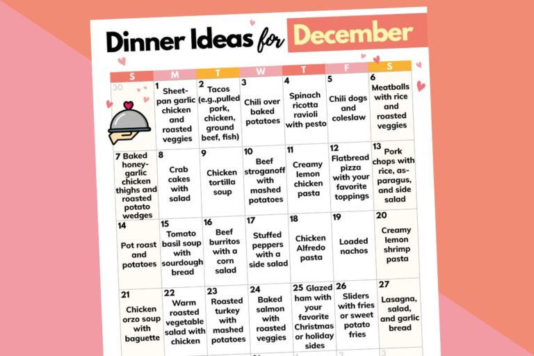 calendar of december dinner ideas on a printable against a diagonal block color red and pink backdrop