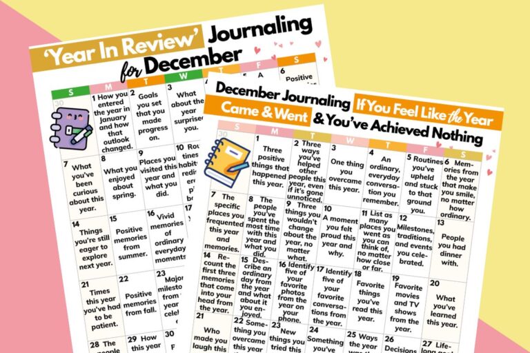 two december journaling calendars laid out one on top of the other against a light yellow and pink 2-color background