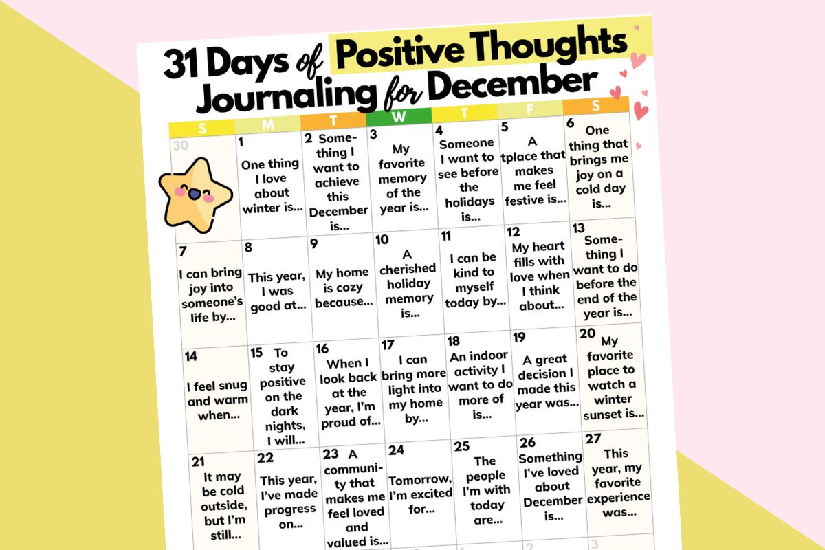 31-day positivity journaling calendar titled on the left on a yellow and pink 2-color background