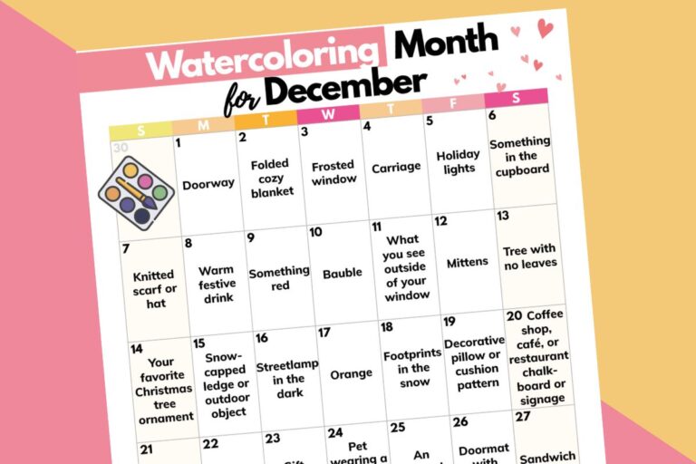 december watercoloring month calendar on an orange and pink block color background