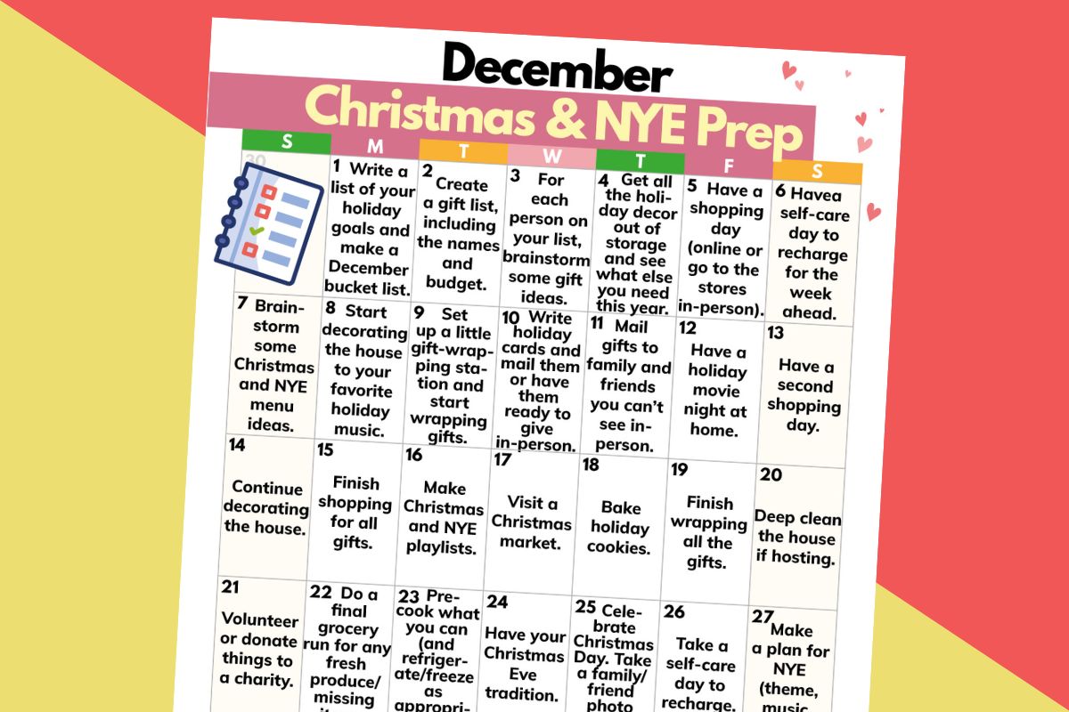 calendar of december christmas and near years eve prep over 31 days on a red and yellow block color background