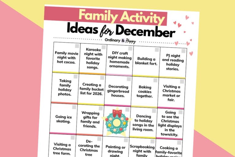 printable of december family activities in a grid printable on a yellow and pink background