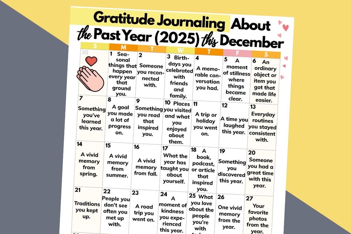 'past year' gratitude journaling calendar laid out on a yellow and pink block color background