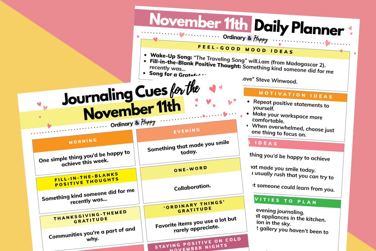 journaling cues sheet and daily planner for november 11th displayed overlapping on a pink and orange background