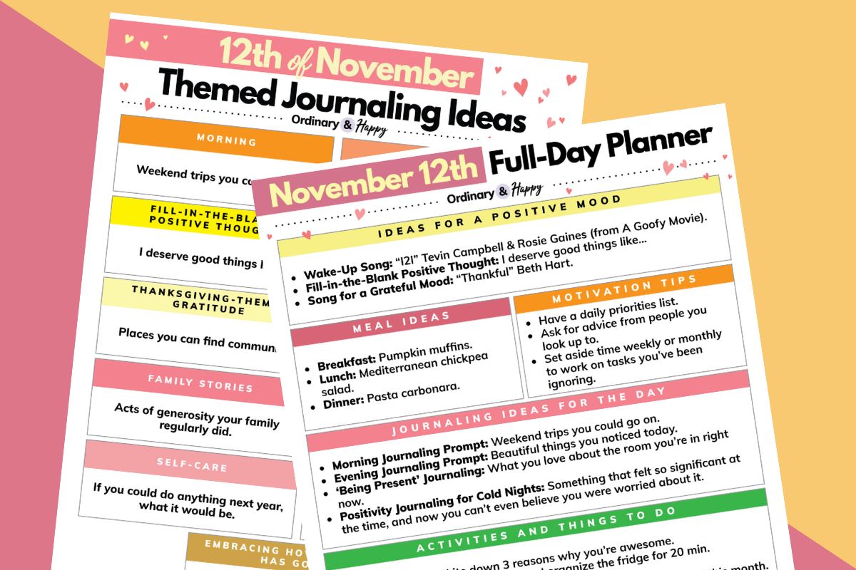 november 12th daily planner and journaling sheet displayed overlapping on an orange and pink 2-color background
