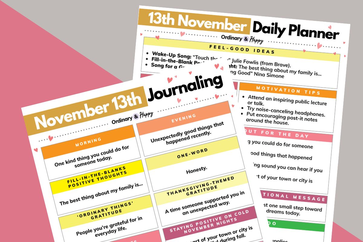 two printables, one a november 13th daily planner and one a journaling ideas sheet, displayed overlapping on a pink and grey background