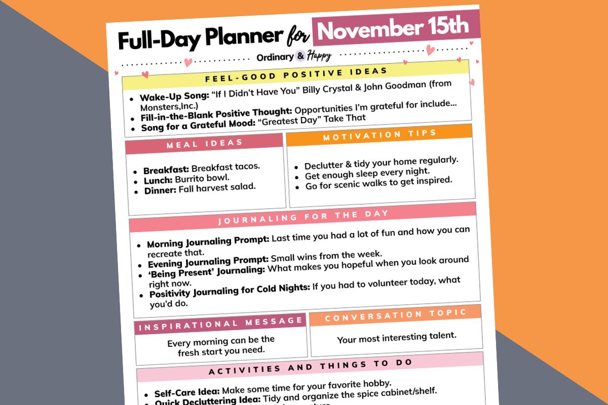november 15th daily planner printable laid out on an orange and pink backdrop
