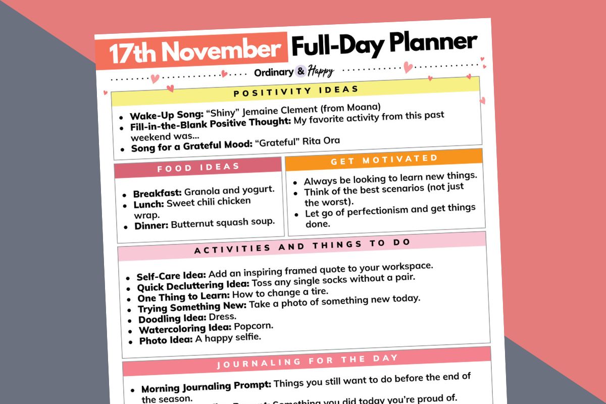 planner printable for november 17th laid out on an angle against a grey and red backdrop