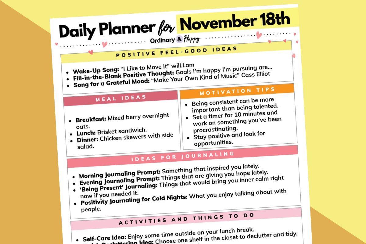 18th november daily planner laid out on an orange and yellow 2-color background