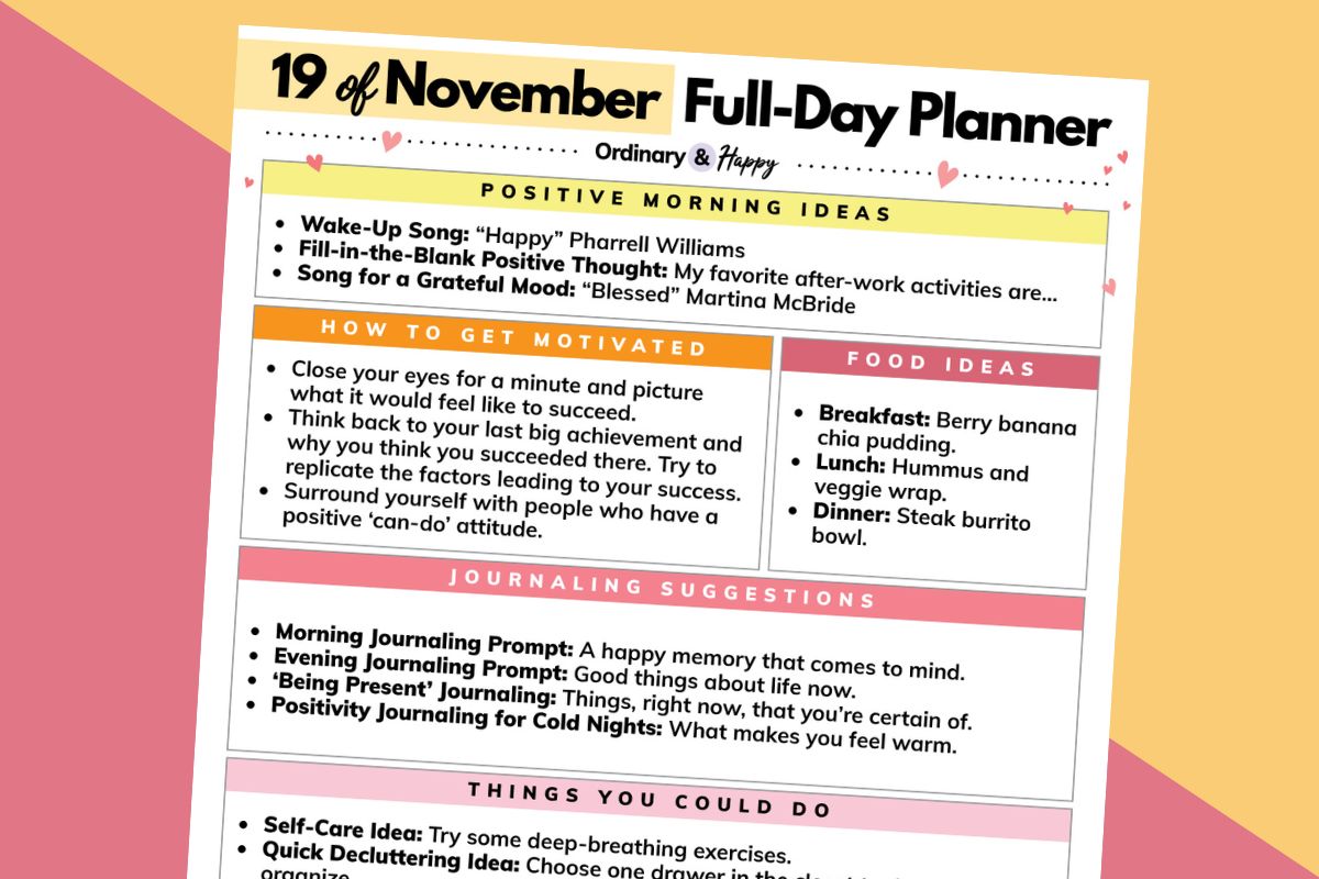 a full-day planner for the 19th of november titled to the right on a 2-color pink and orange background