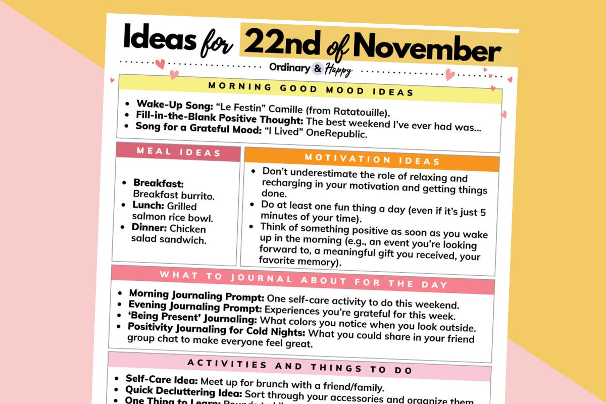 a november 22nd daily planner printable tilted slightly to the right displayed on a light red and greeen background