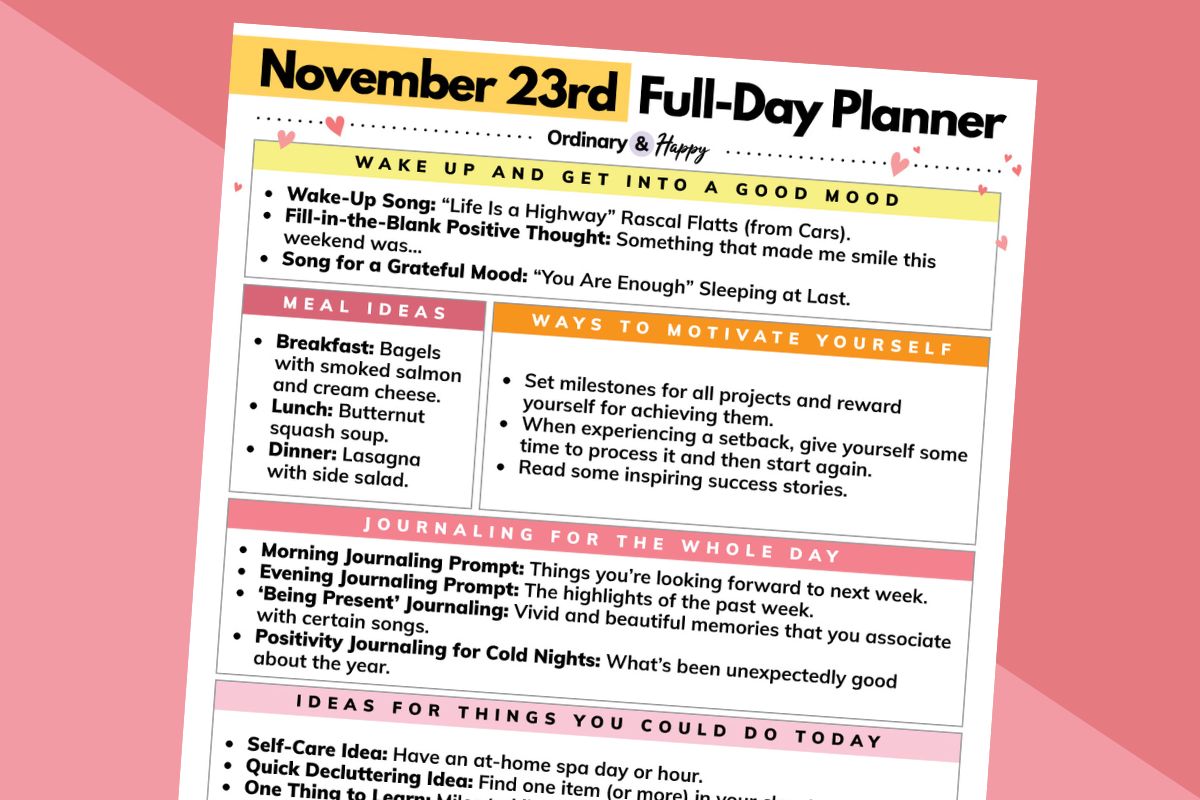 november 23rd daily planner list printable laid out on a pink and red background