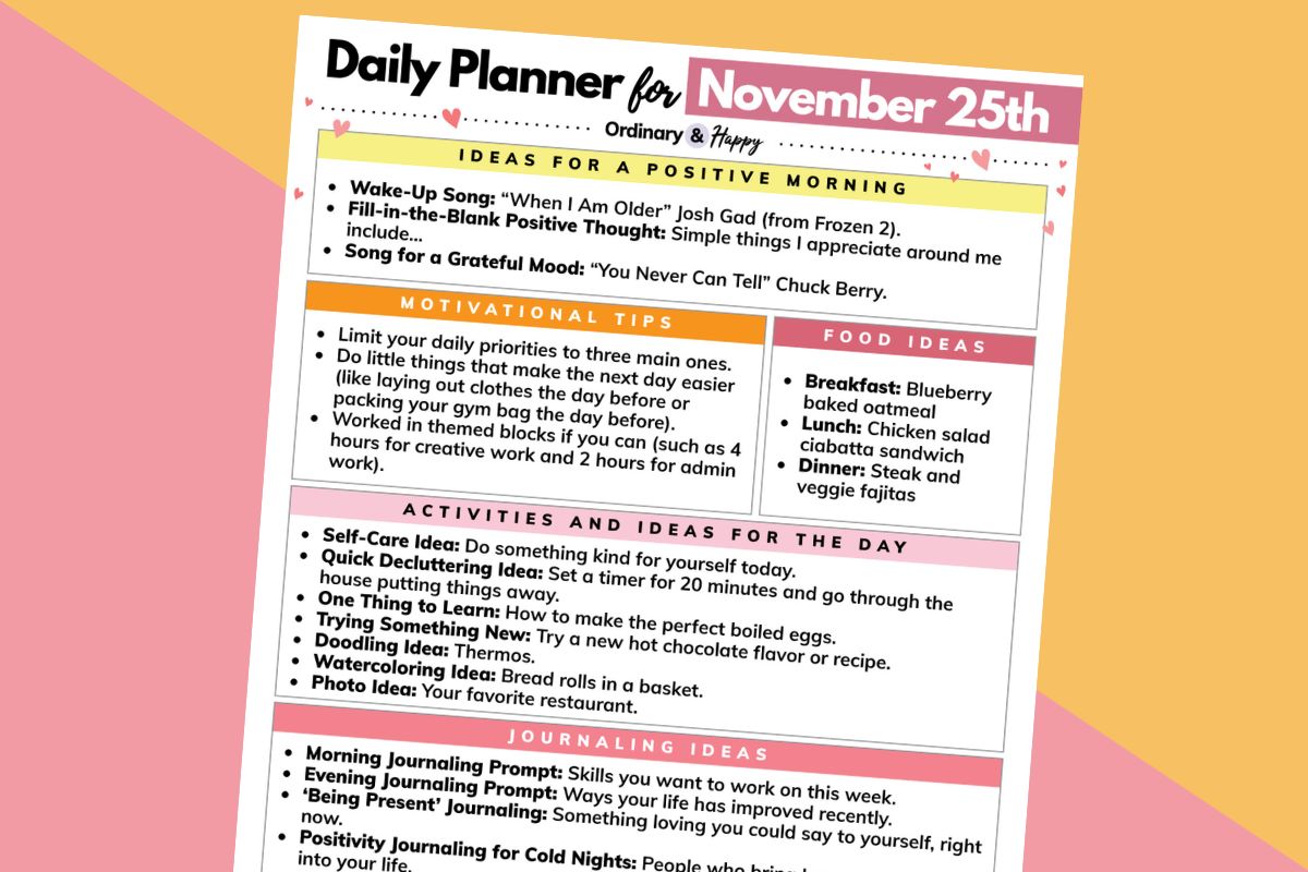 daily november 25th planner printable titled to the right on a 2-color diagonal orange and pink backdrop