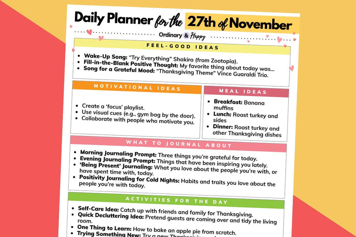 november 27th daily planner one-sheet printable on a gold and red block color background