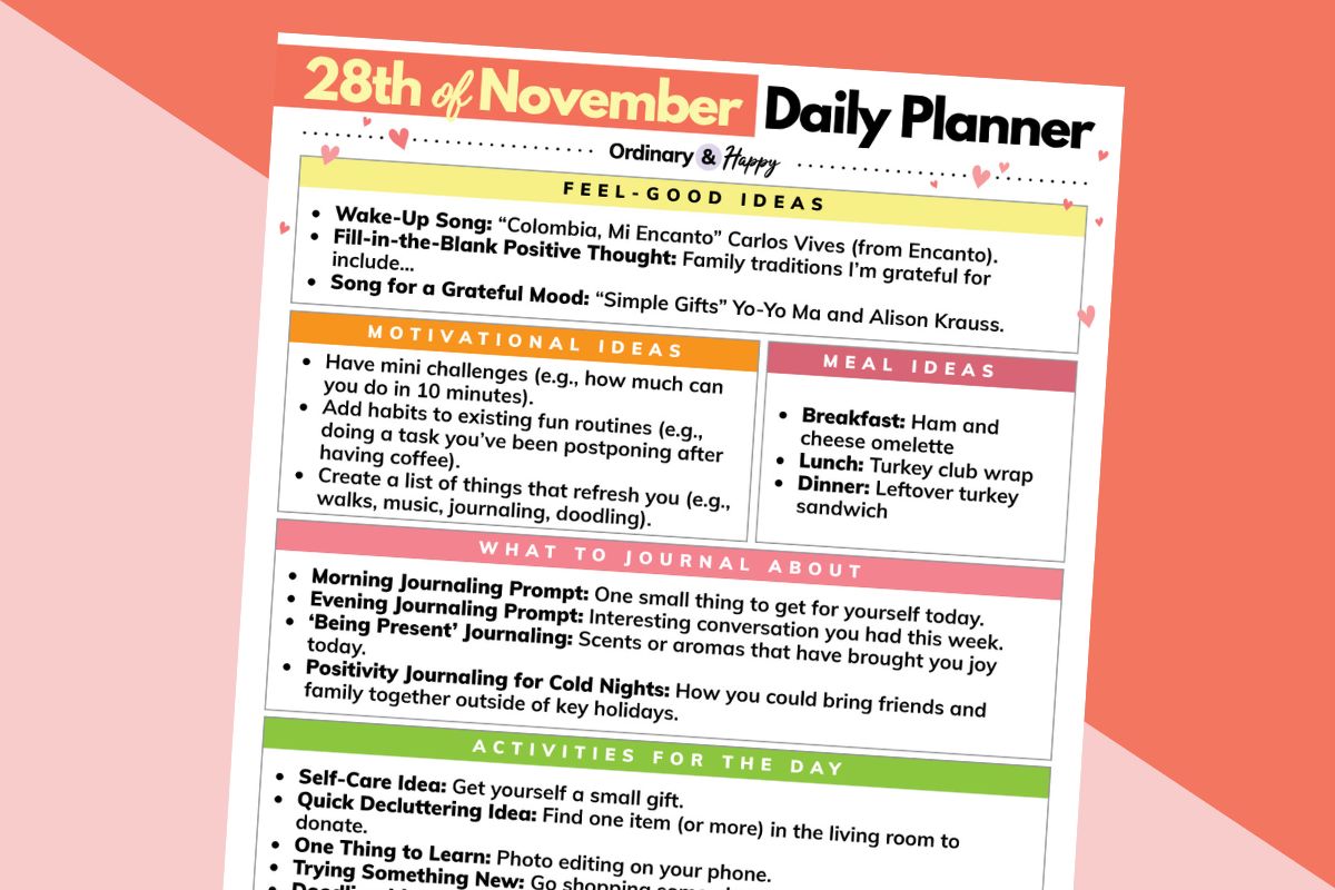 november 28th daily planner printable titled to the right on a red and pink background