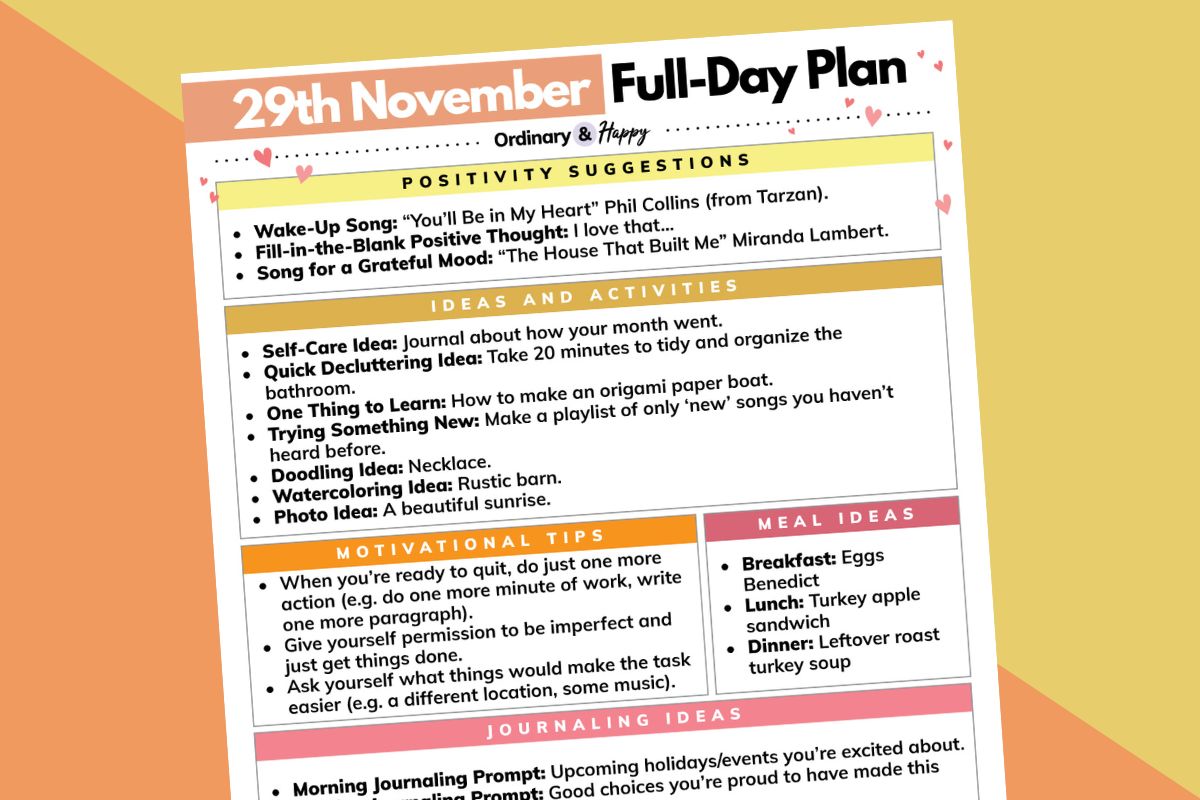 november 29th daily planner printable on a yellow and orange backdrop